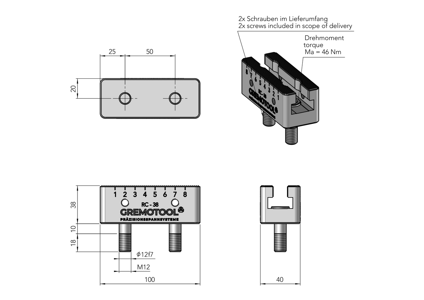 Gremotool Präzisionsspannsystem RC-Baureihe Basisleiste L=100 Dimensionen