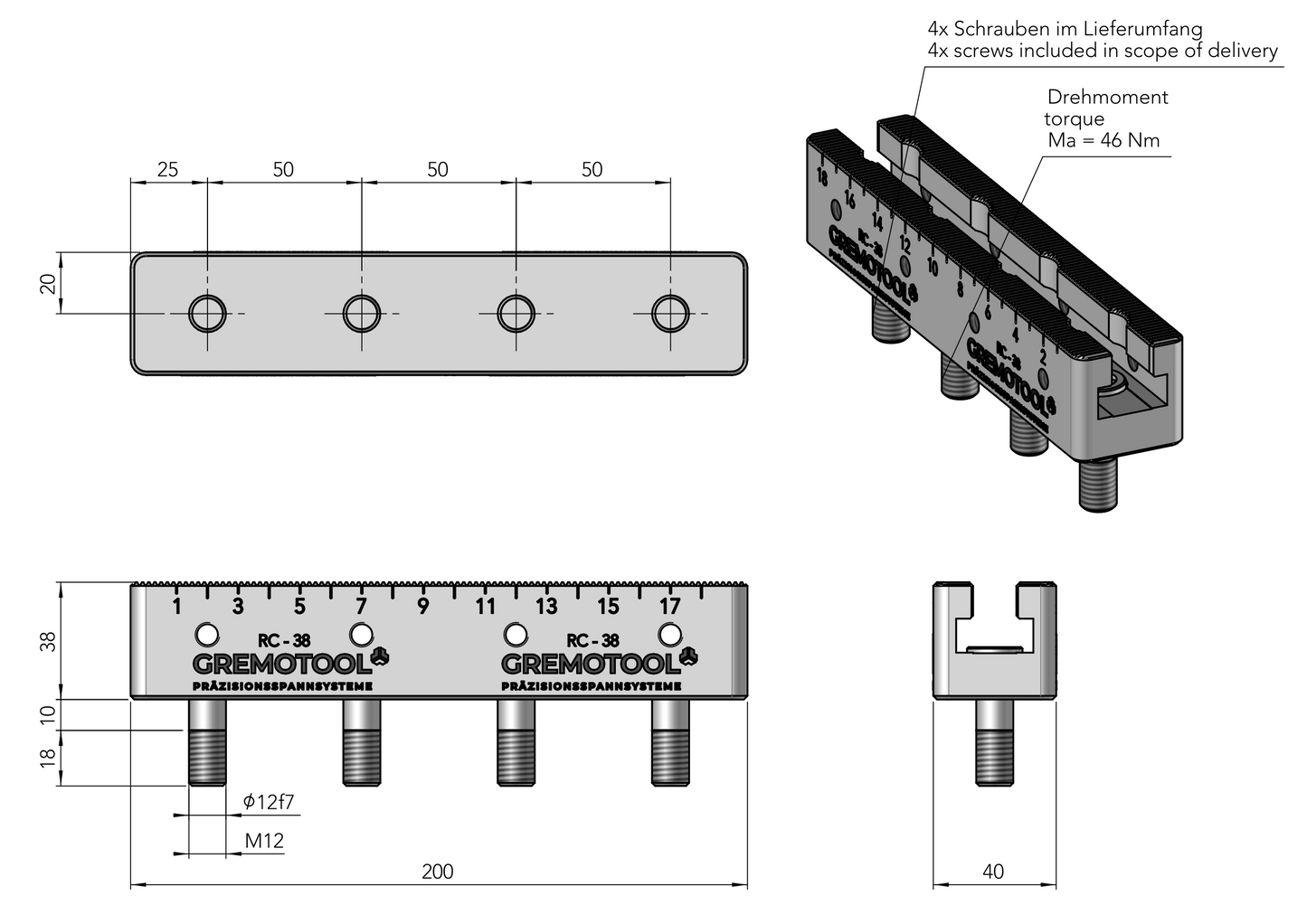 Gremotool Präzisionsspannsystem RC Baureihe RC-Basisleiste L200 Dimensionen