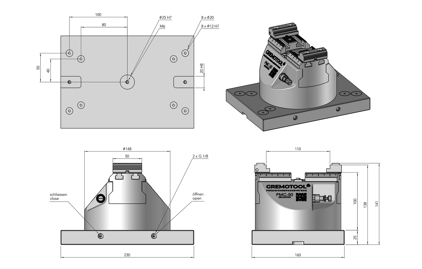 Gremotool Präzisionsspannsystem HMC-Baureihe HMC-50 Dimensionen