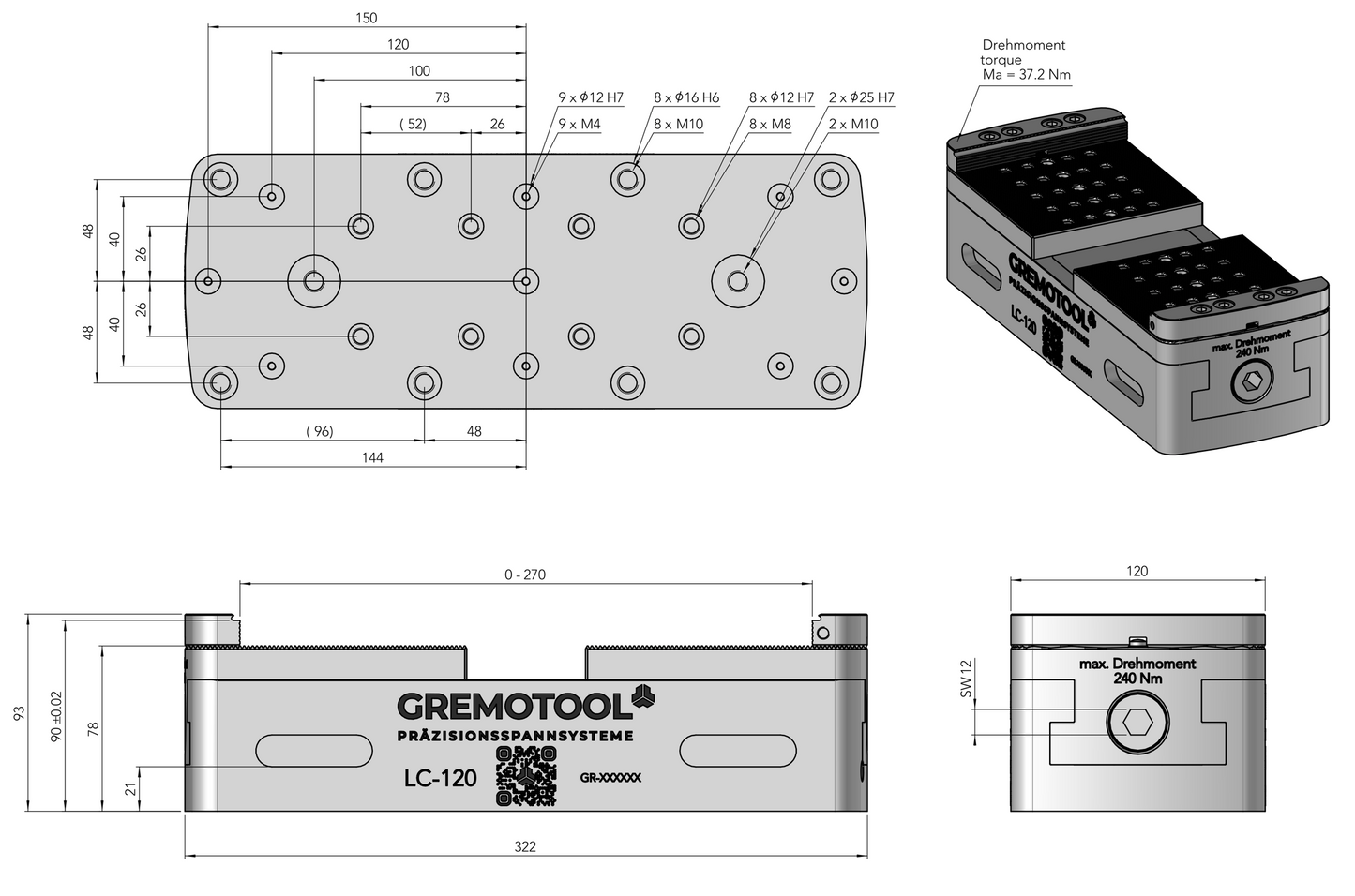 Gremotool Präzisionsspannsystem LC-Baureihe LC-120 Dimensionen