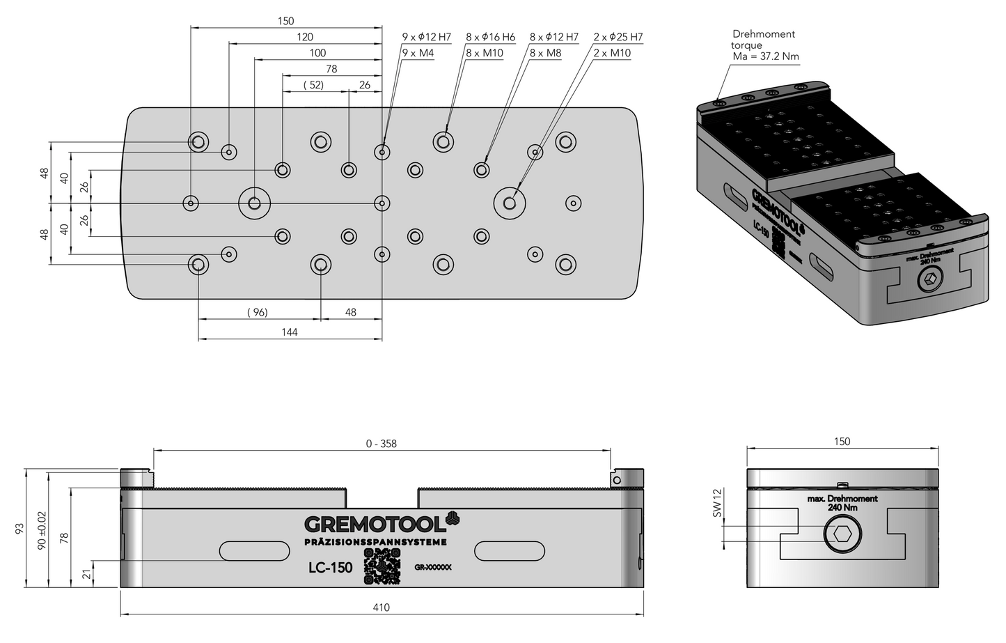 Gremotool Präzisionsspannsystem LC-Baureihe LC-150 Dimensionen