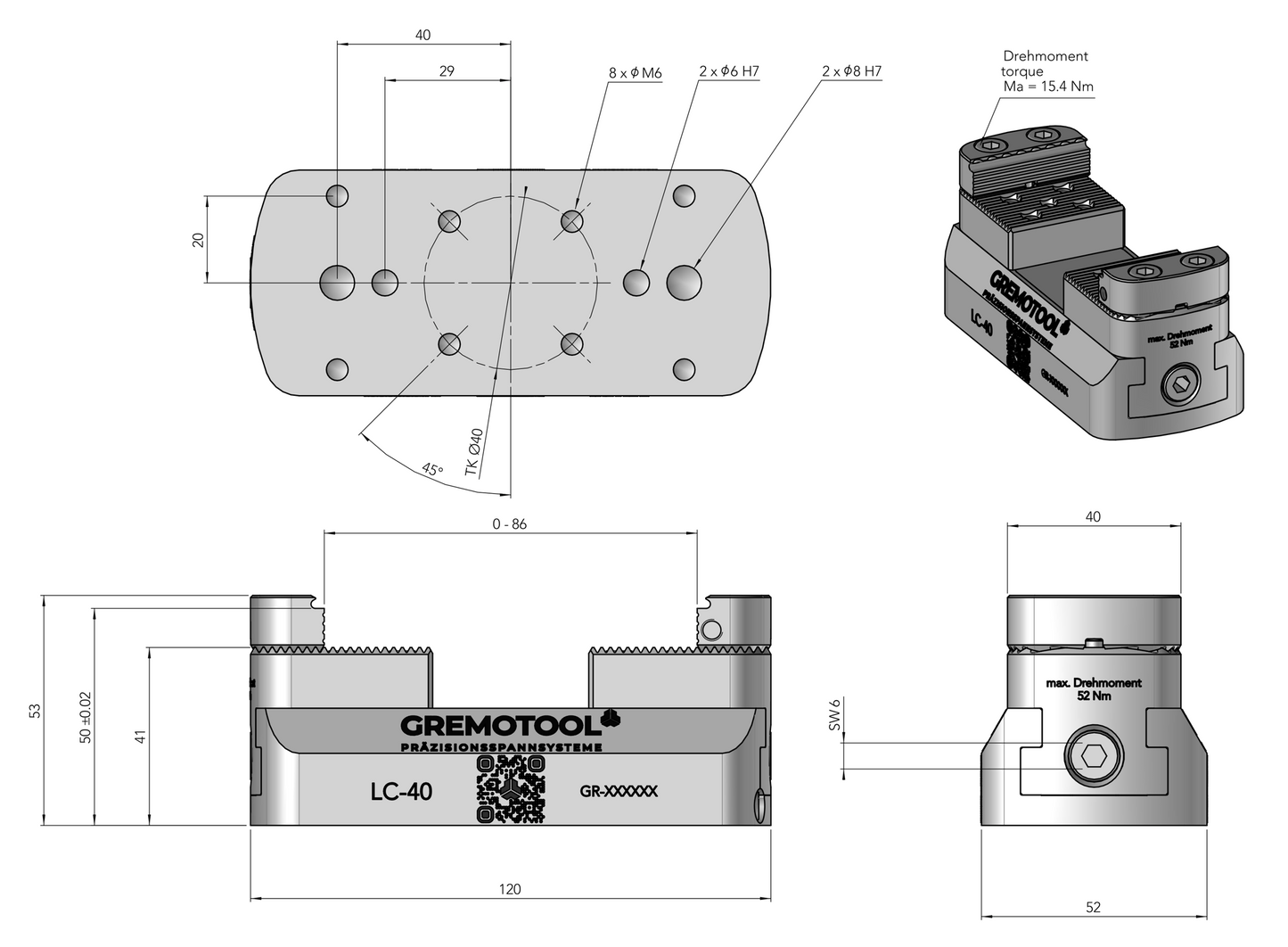 Gremotool Präzisionsspannsystem LC-Baureihe LC-40 Dimensionen