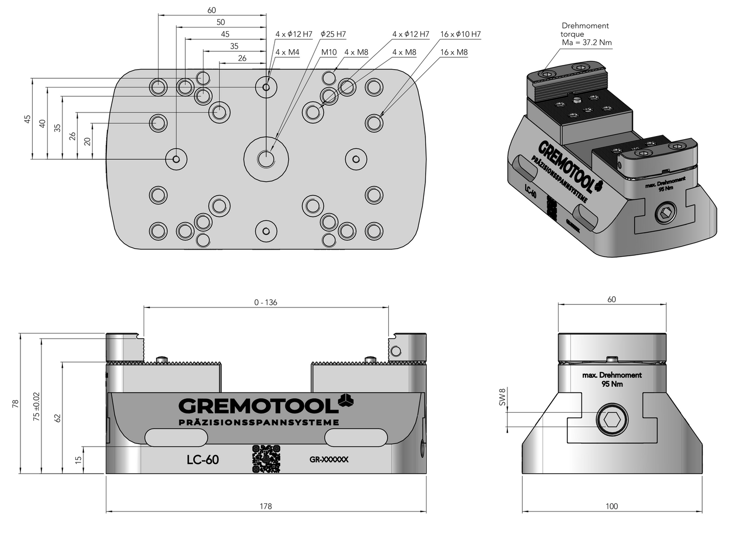 Gremotool Präzisionsspannsystem LC-Baureihe LC-60 Dimensionen