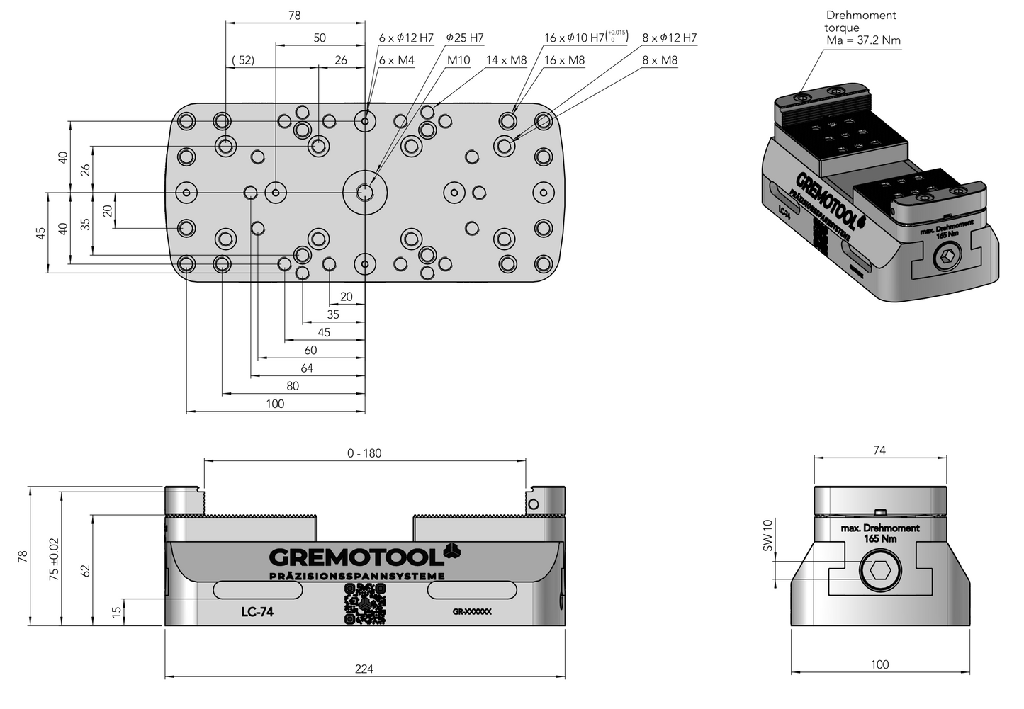 Gremotool Präzisionsspannsystem LC-Baureihe LC-74 Dimensionen