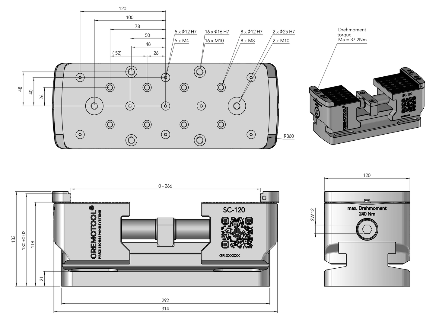 Gremotool Präzisionsspannsystem SC-Baureihe SC-120 Dimensionen