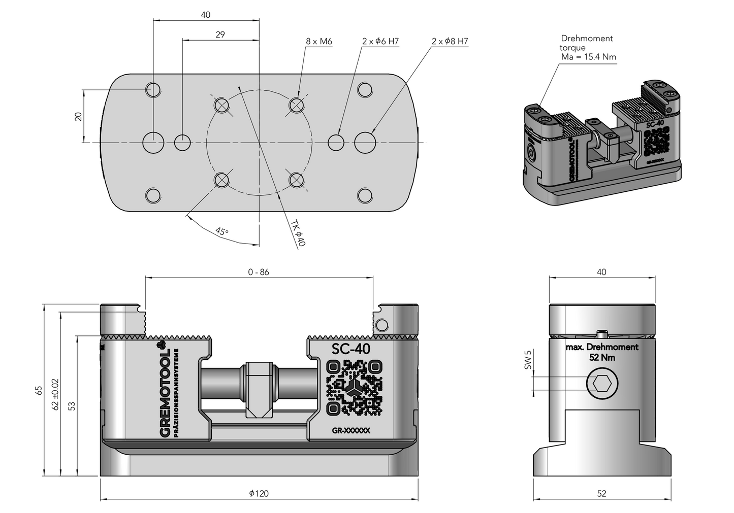 Gremotool Präzisionsspannsystem SC-Baureihe SC-40 Dimensionen
