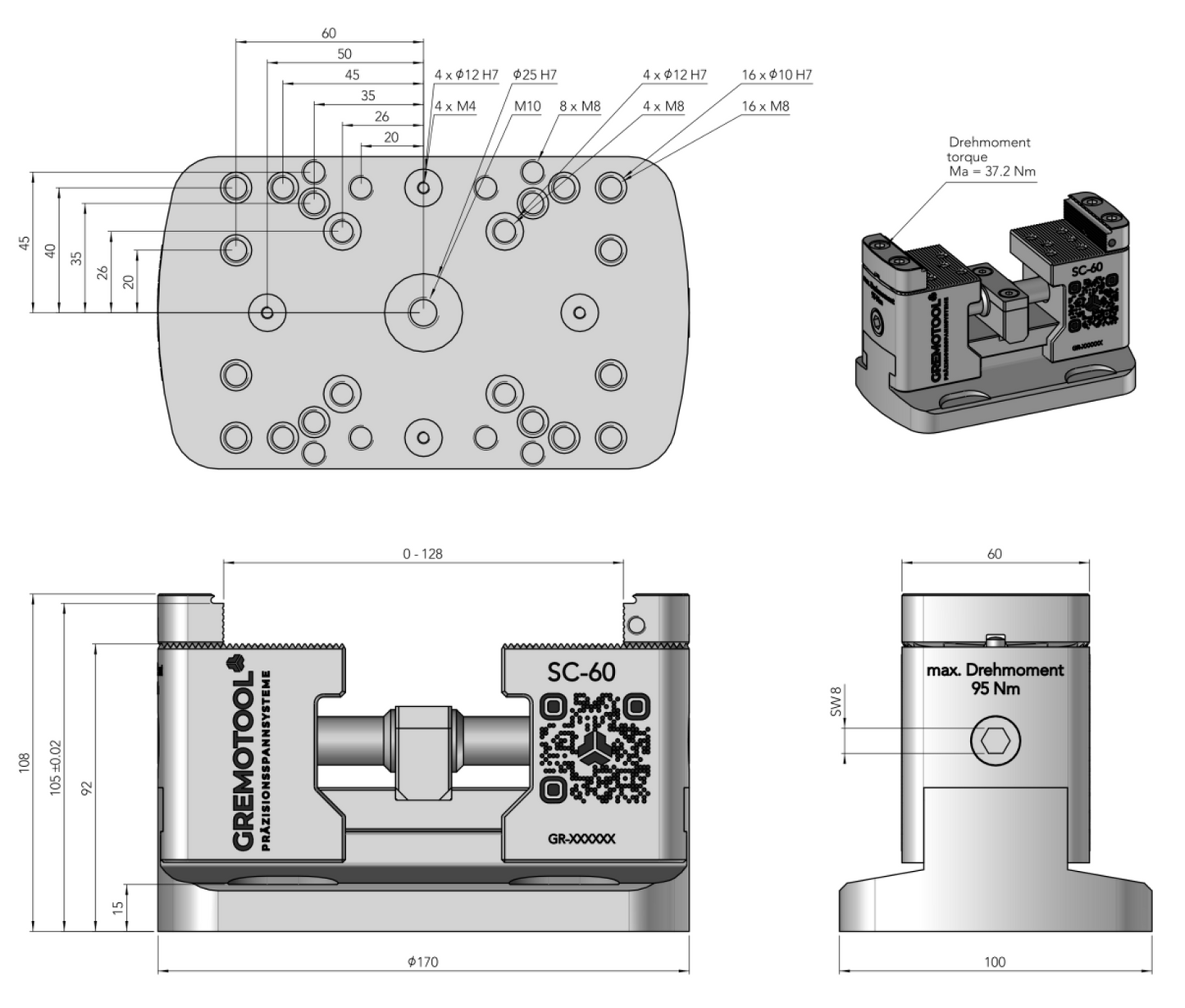 Gremotool Präzisionsspannsystem SC-Baureihe SC-60 Dimensionen