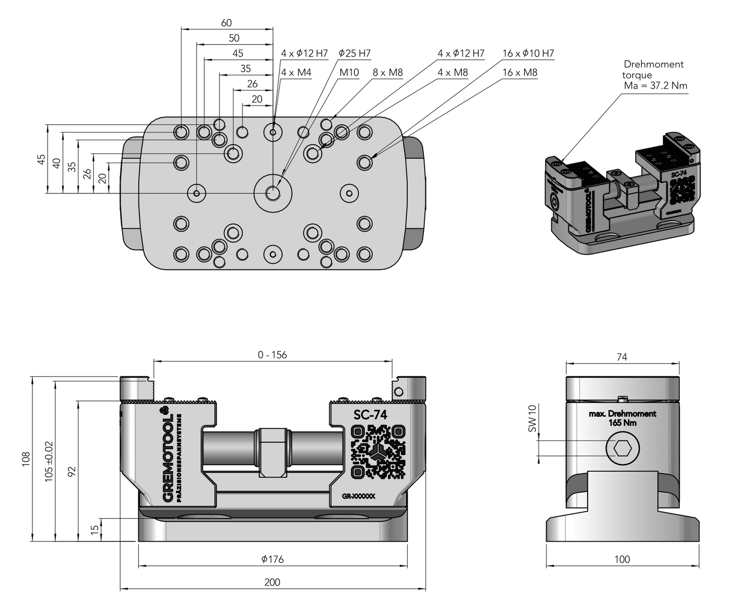 Gremotool Präzisionsspannsystem SC-Baureihe SC-74 Dimensionen