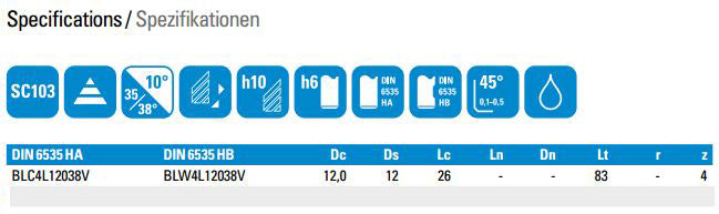 VHM HPC Fräser 35°-38° Drall D= 12mm