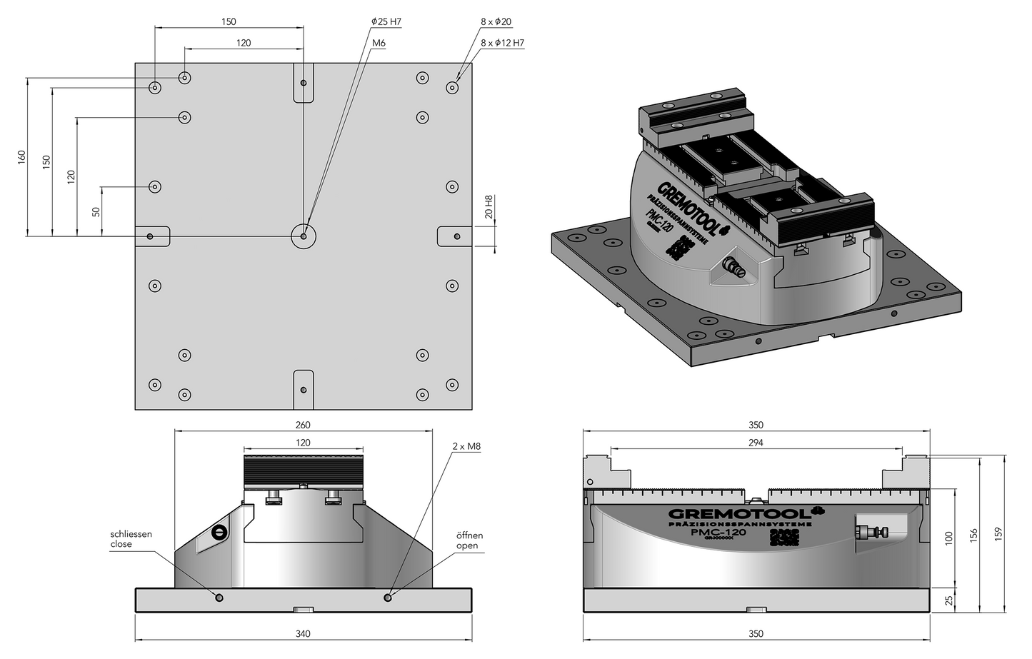 Gremotool Präzisionsspannsystem HMC-Baureihe HMC-120 Dimensionen