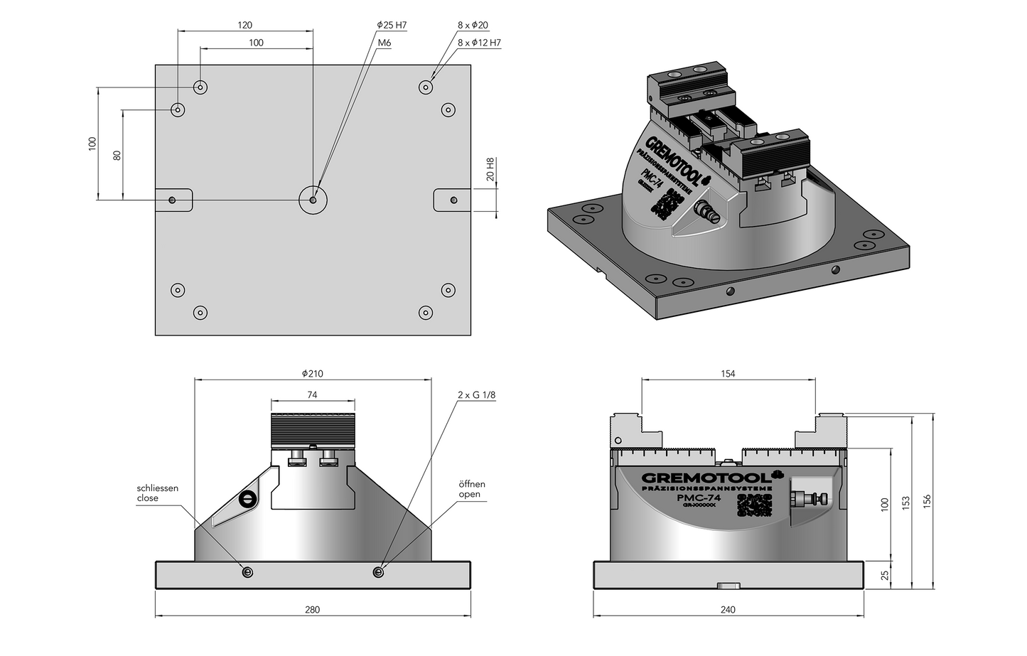 Gremotool Präzisionsspannsystem HMC-Baureihe HMC-74 Dimensionen