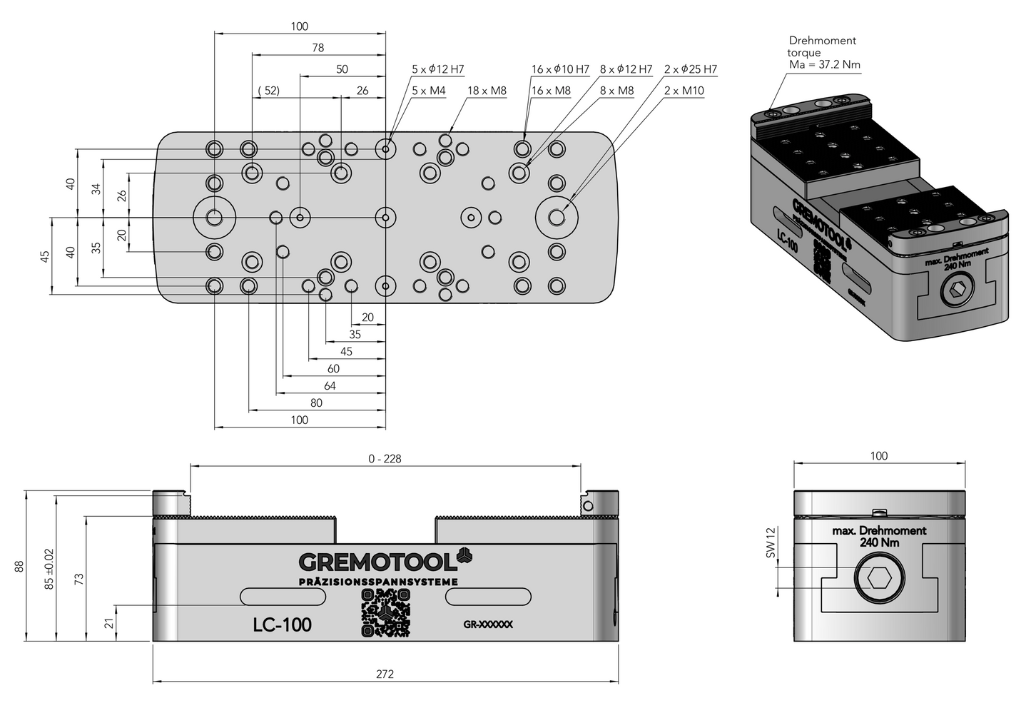 Gremotool Präzisionsspannsystem LC-Baureihe LC-100 Dimensionen