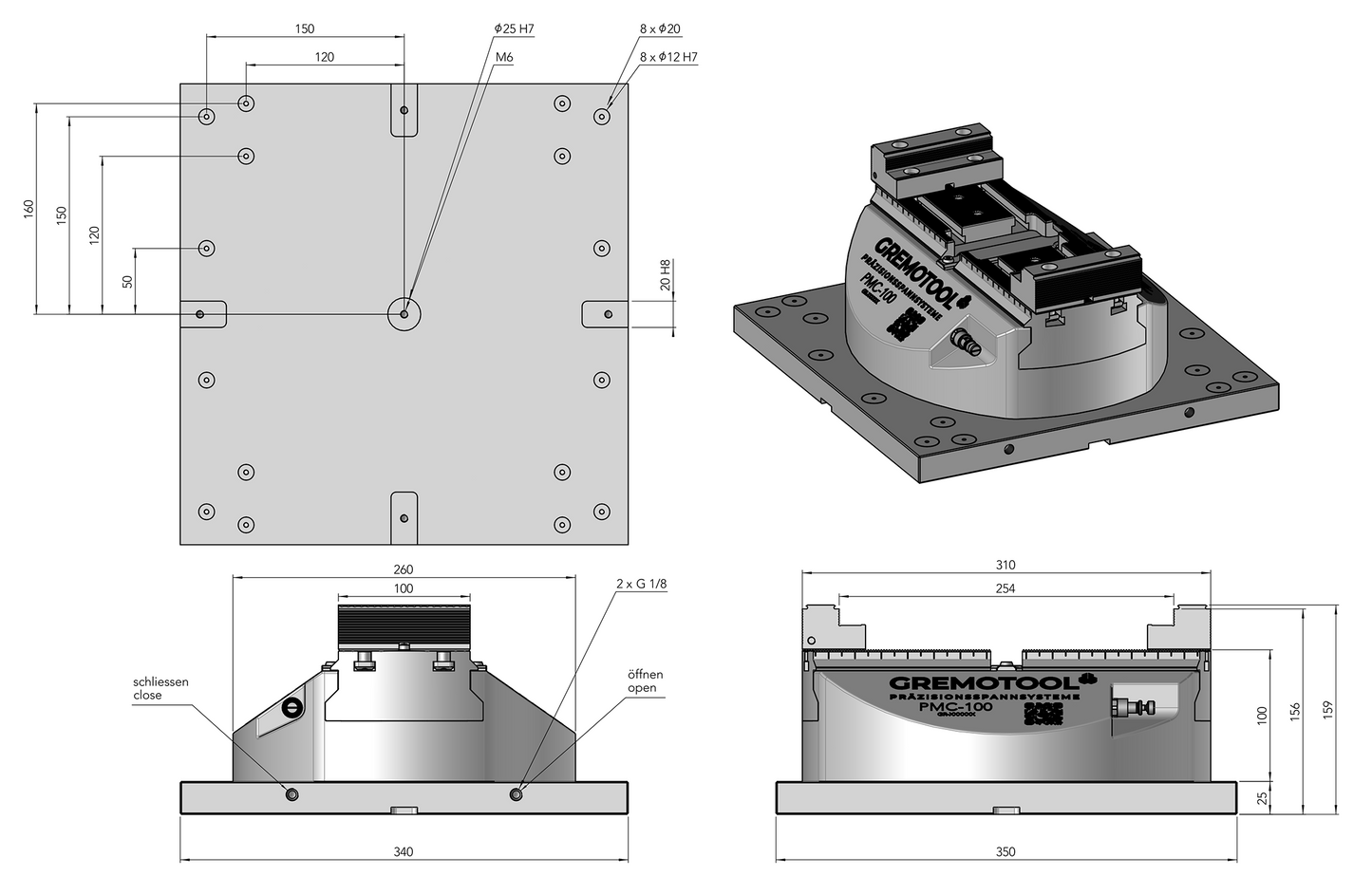 Gremotool Präzisionsspannsystem PMC-Baureihe PMC-100 Dimensionen