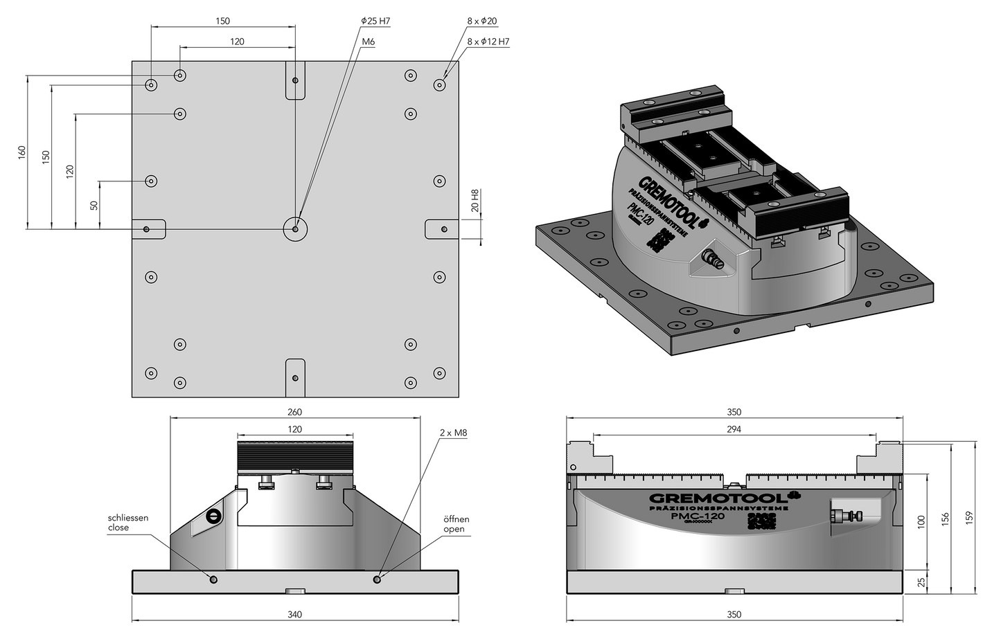 Gremotool Präzisionsspannsystem PMC-Baureihe PMC-120 Dimensionen