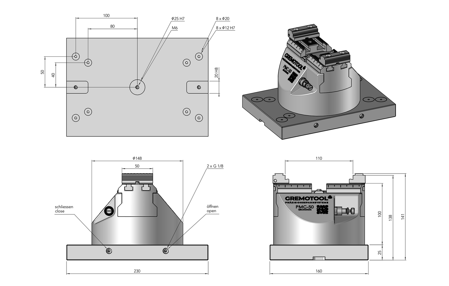 Gremotool Präzisionsspannsystem PMC-Baureihe PMC-50 Dimensionen