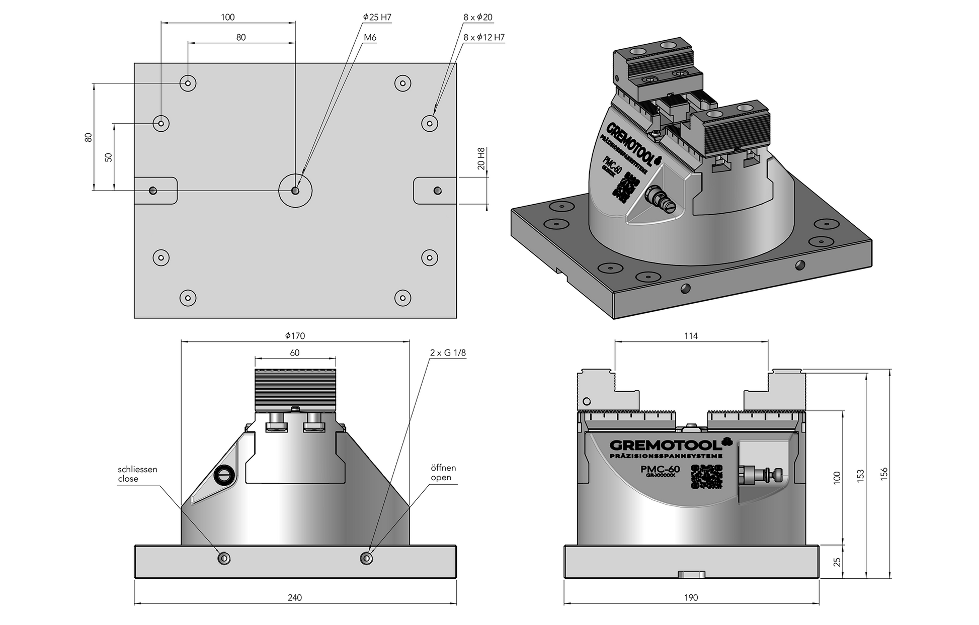 Gremotool Präzisionsspannsystem PMC-Baureihe PMC-60 Dimensionen